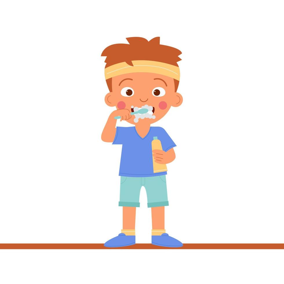 A boy child brushes his teeth. National Children Dental Health Month vector