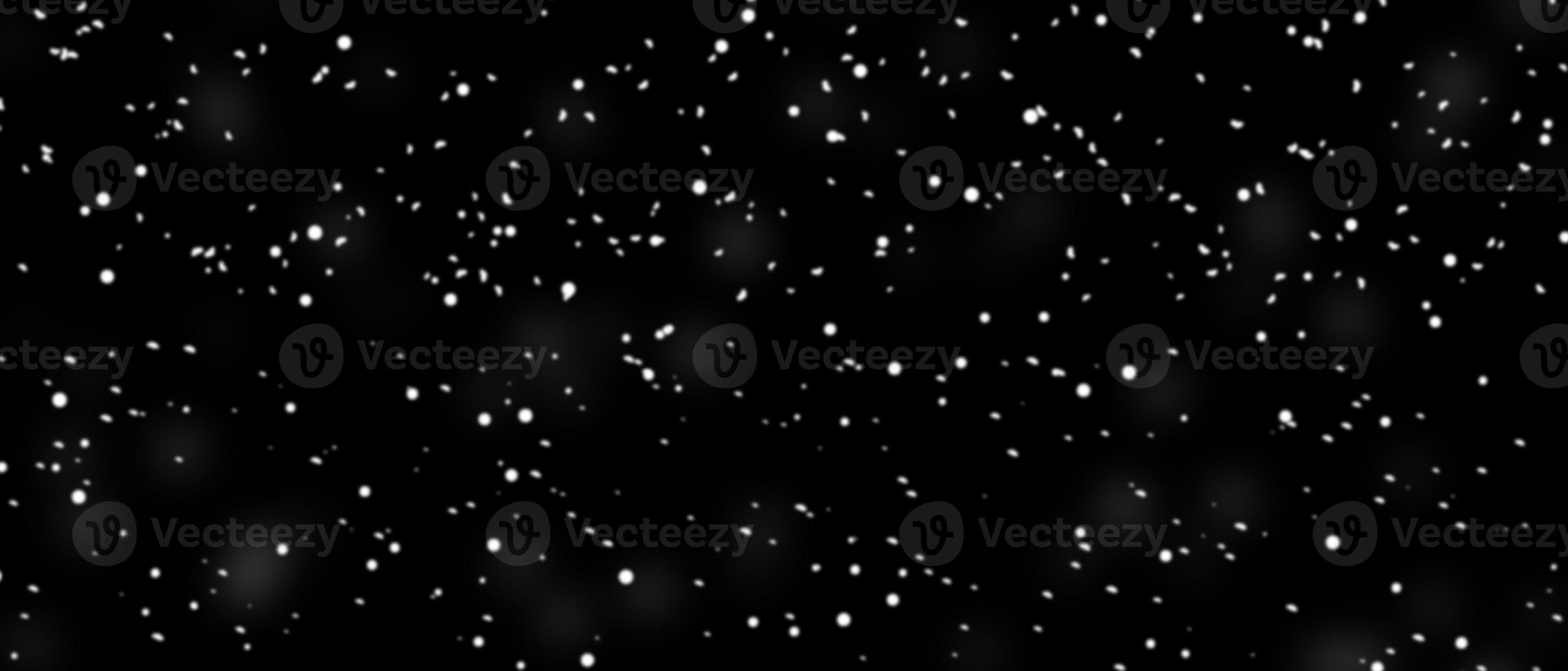 Different realistic falling snow or snowflakes. Falling snow isolated on black background. Winter snowfall illustration. Bokeh lights on black background, flying snowflakes in the air. Snow at night. photo