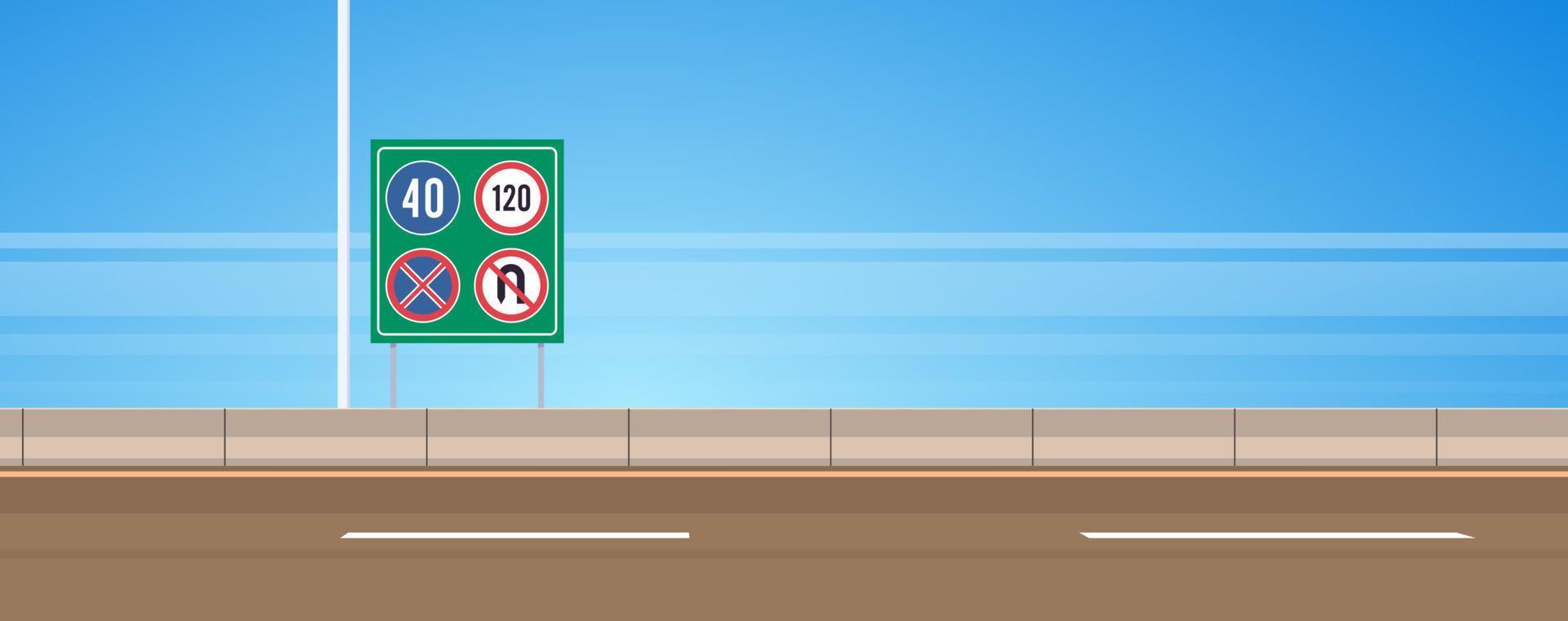 Highway asphalt road and road sign on the road with blue sky flat vector illustration.
