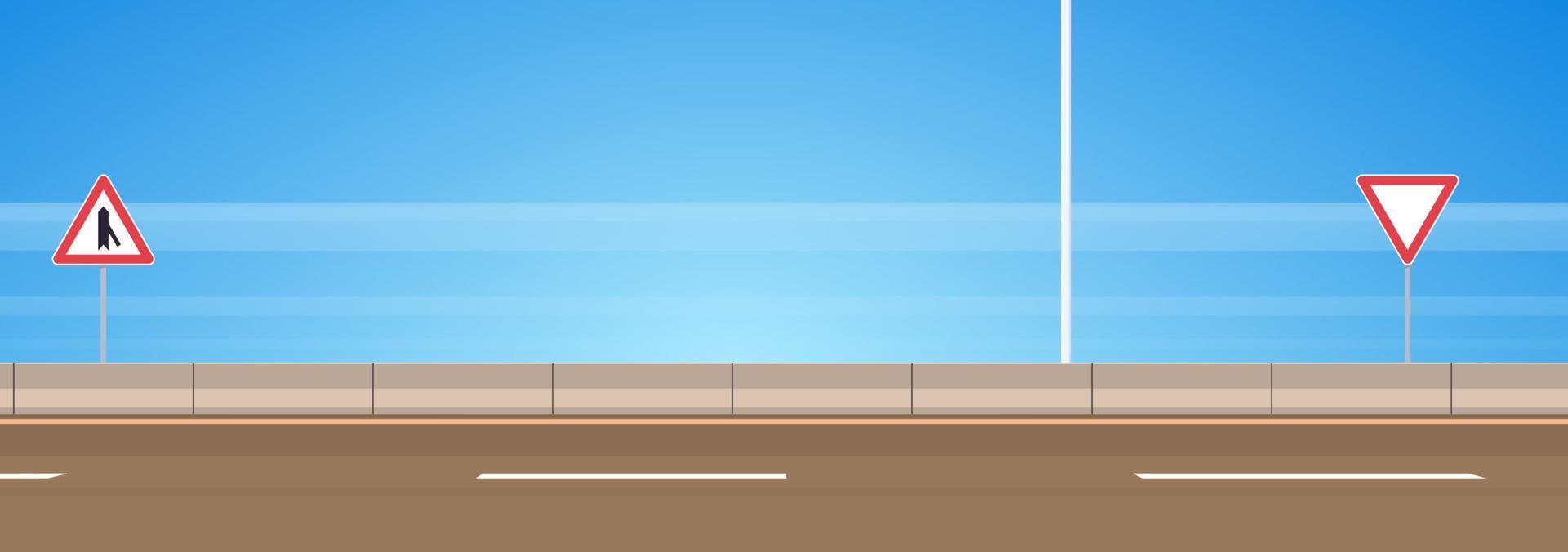 Highway asphalt road and road sign on the road with blue sky flat vector illustration.