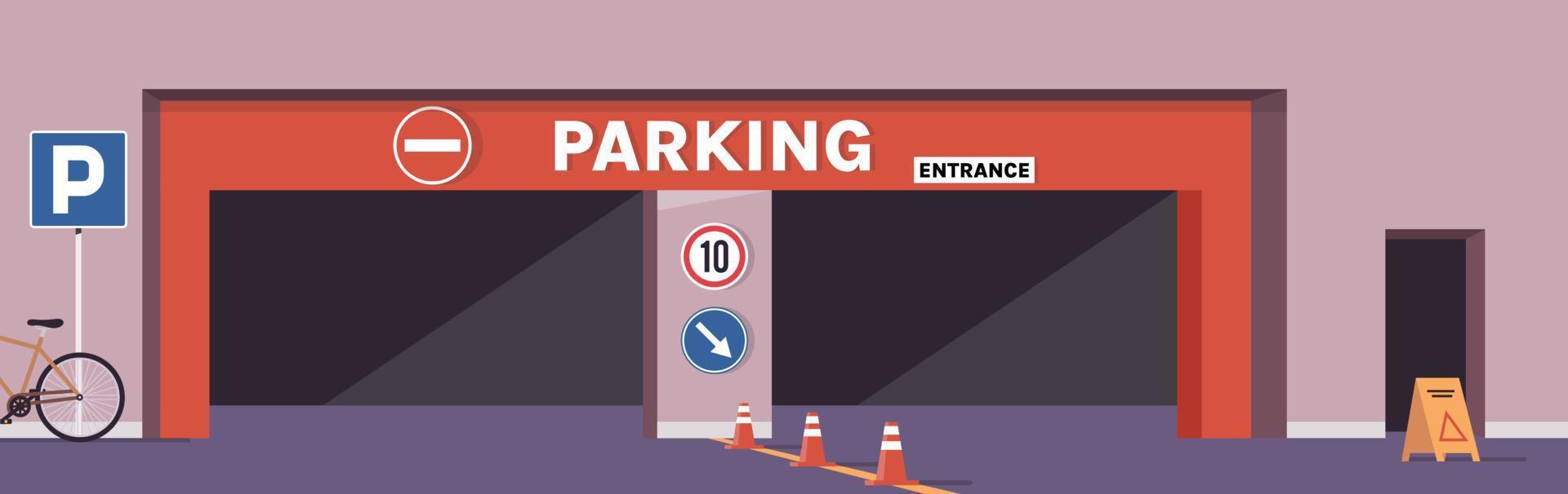 entrada de estacionamiento de automóviles y conos rayados, infraestructura de la ciudad, entrada de vehículos en el garaje subterráneo del centro comercial ilustración vectorial plana. vector