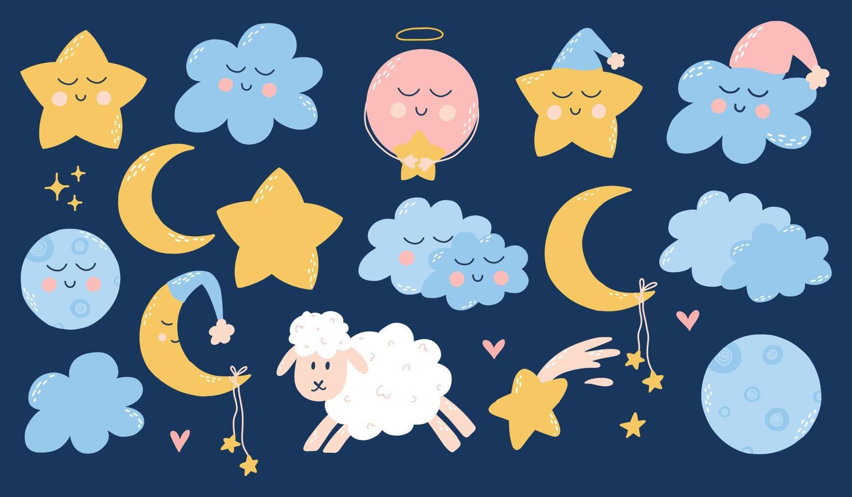 Cute childish set of good night elements. Childrens collection of stars, clouds, moons, planets. Vector illustration in hand drawn cartoon style.