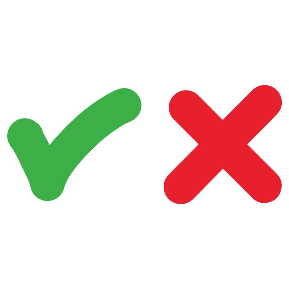 Hand drawn of Green check mark and Red cross isolated. Right and wrong icon. Vector illustration.