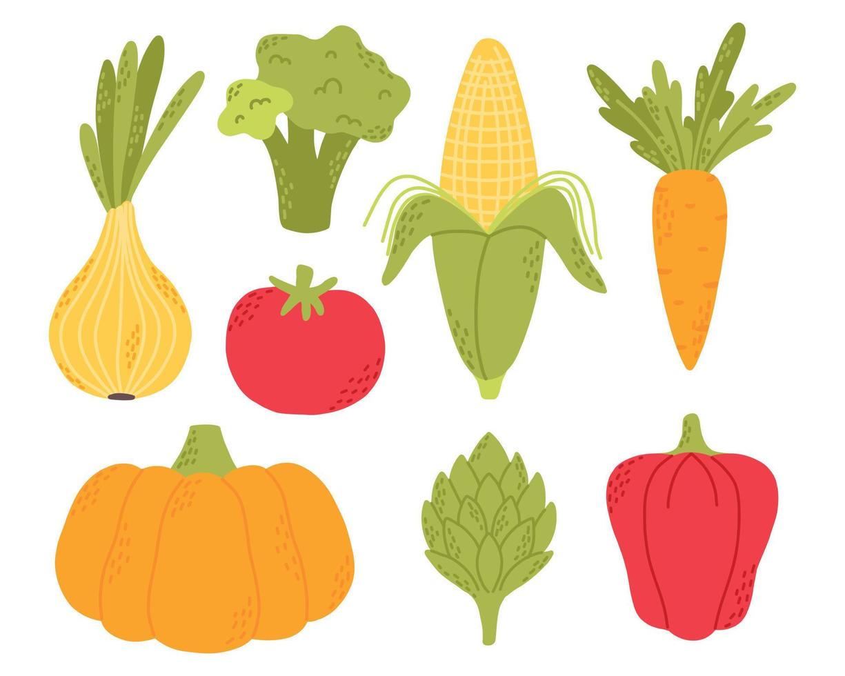 conjunto de vectores de verduras planas. colección de verduras brócoli, maíz, pimiento, cebolla, calabaza, zanahoria. estilo dibujado a mano aislado sobre fondo blanco. ilustración vectorial