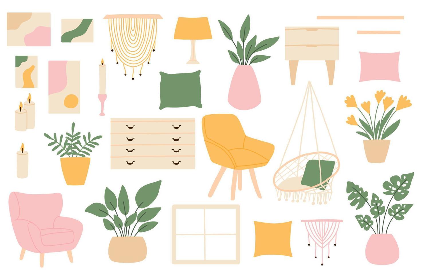 A set of cozy furniture. A collection of indoor plants, armchairs, paintings, bedside tables, pillows. Modern furniture to create cozy interiors.Vector illustration in flat style. vector