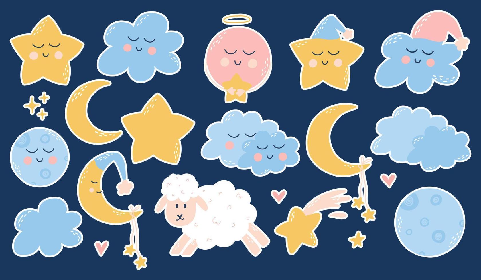 Cute childish set of good night elements. Childrens collection of stars, clouds, moons, planets. Vector illustration in hand drawn cartoon style.
