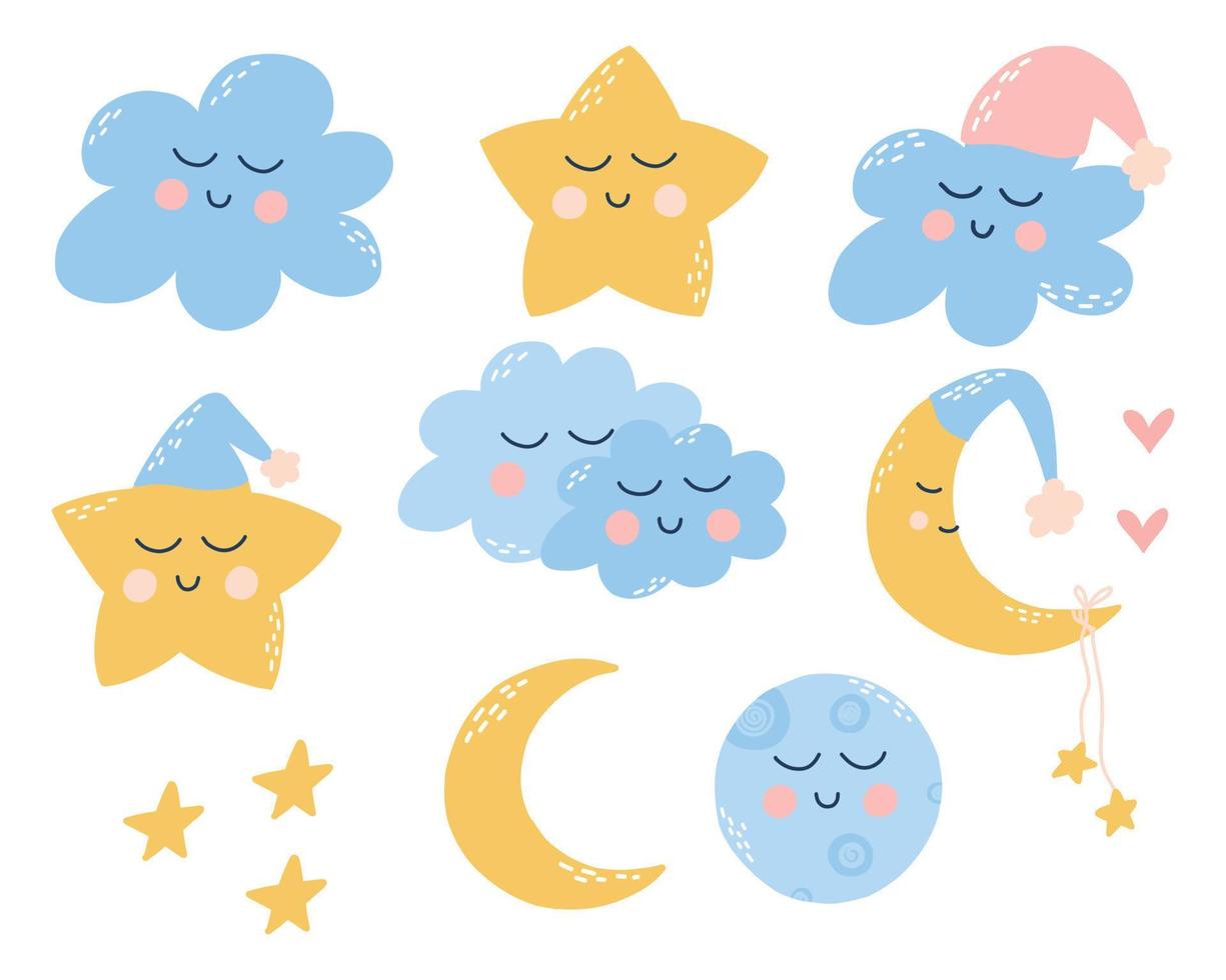 Cute childish set of good night elements. Childrens collection of stars, clouds, moons, planets. Vector illustration in hand drawn cartoon style.