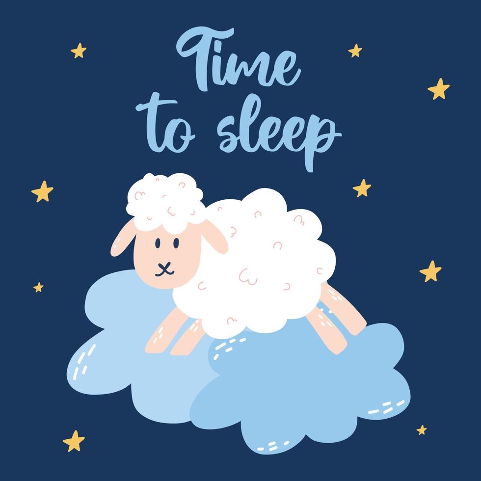 Cute sheep on the clouds. Childrens card good night. Night sky. Vector illustration. Hand drawn cartoon style. Scandinavian style.