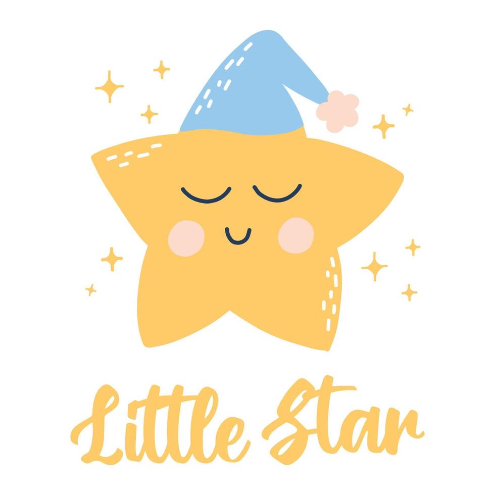 Cute little star. Card with a star in a nightcap. Vector illustration. Hand drawn cartoon style. Scandinavian childrens poster.
