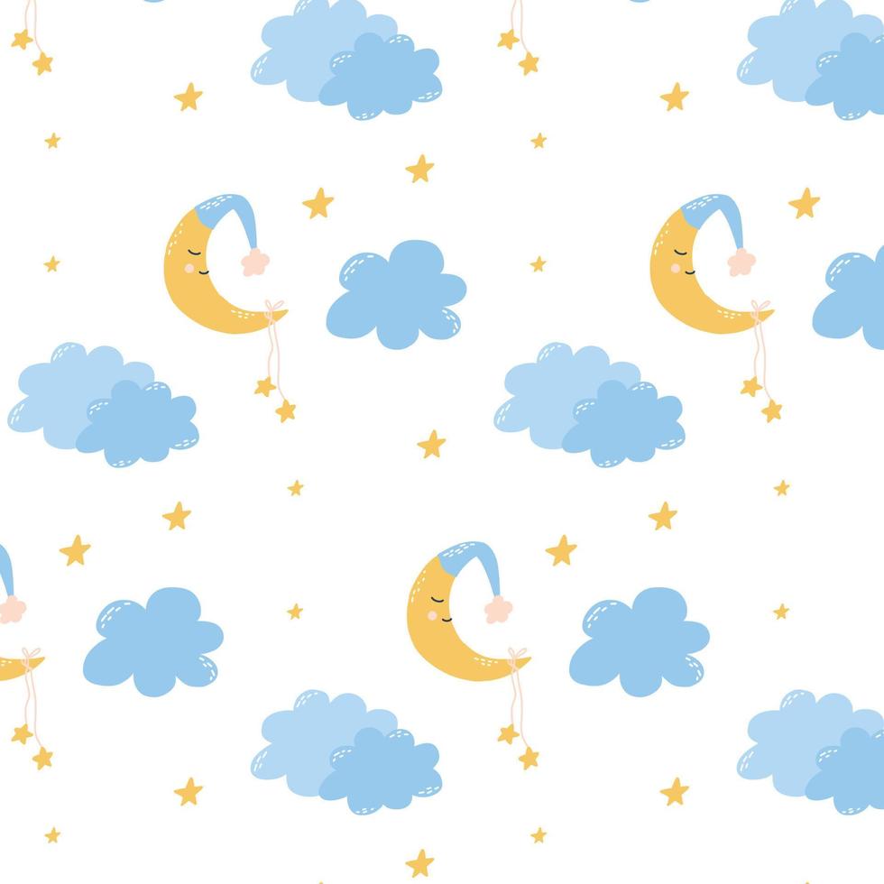 Cute childish seamless pattern with moon, clouds and stars. Pattern for childrens pajamas. Good night. Vector illustration hand drawn cartoon style.
