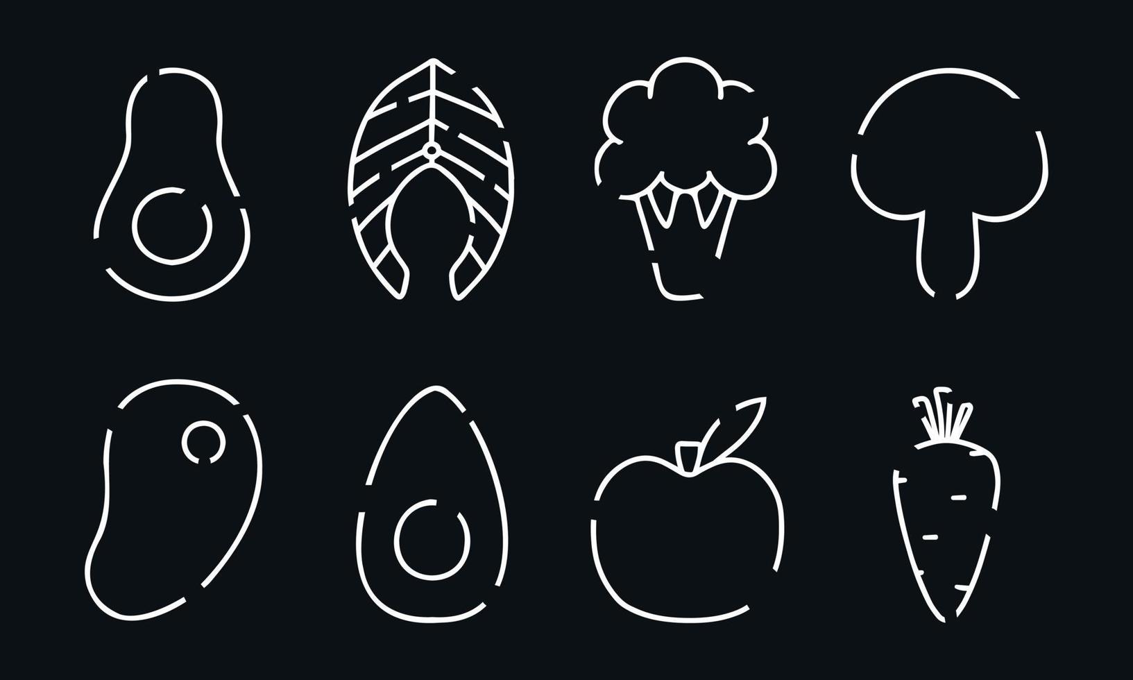 conjunto de iconos lineales de alimentos saludables. iconos modernos de nutrición adecuada. ilustración vectorial colección de aguacate lineal, salmón, bistec, manzana, huevo, zanahoria. iconos blancos sobre un fondo negro. vector