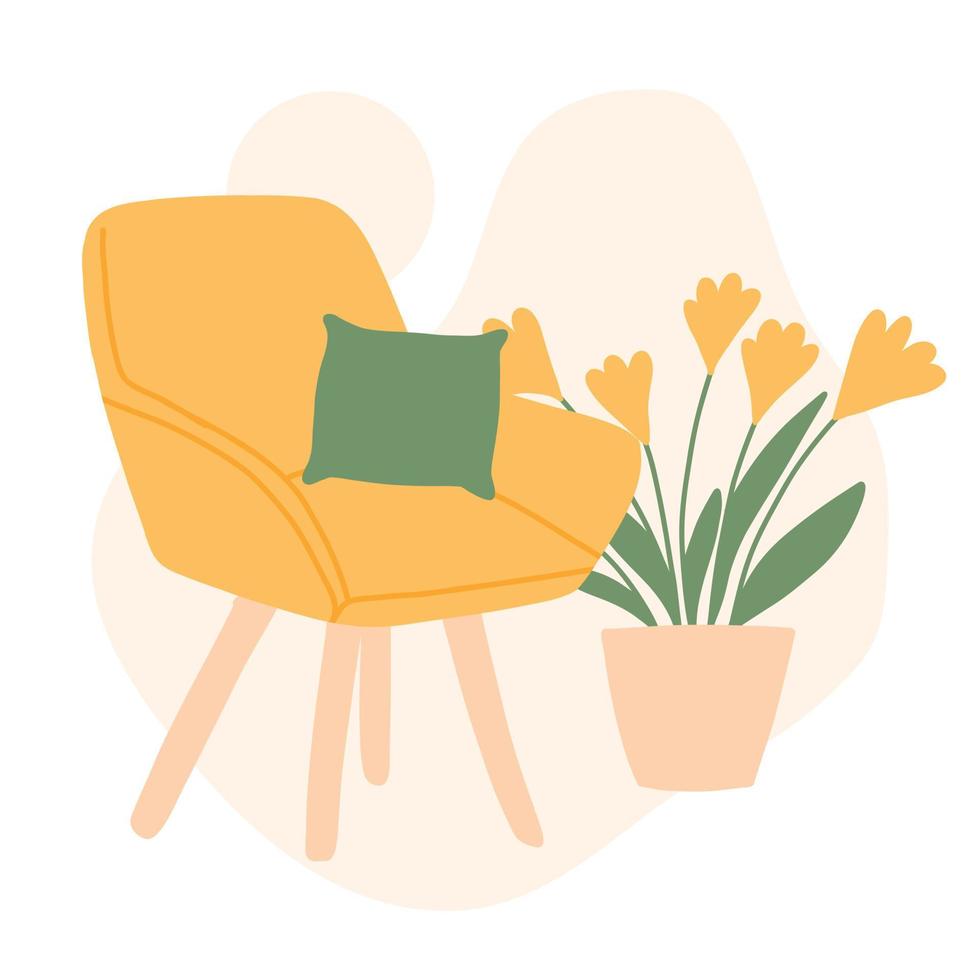 Modern living room interior. Decor elements for a modern interior. An armchair with a bedside table and room seating. Vector illustration hand drawn in cartoon style.