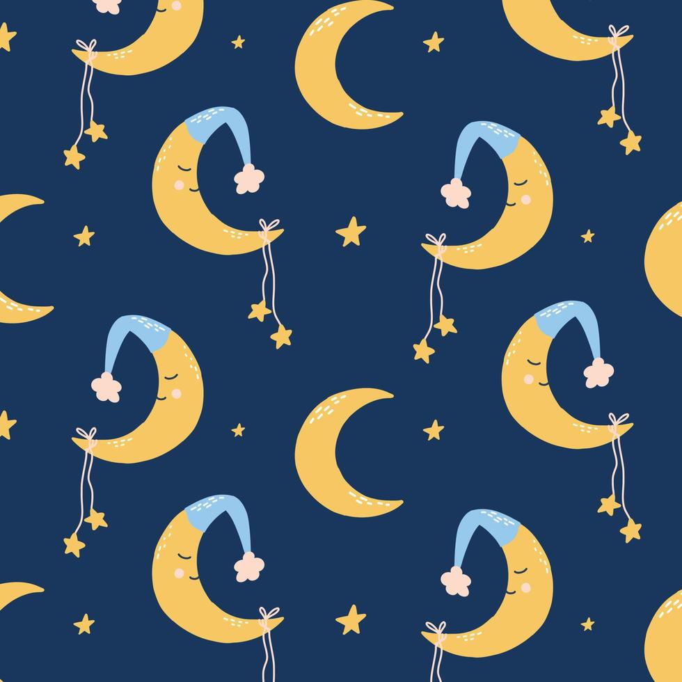 Cute childish seamless pattern with moon and stars. Pattern for childrens pajamas. Good night. Vector illustration hand drawn cartoon style.