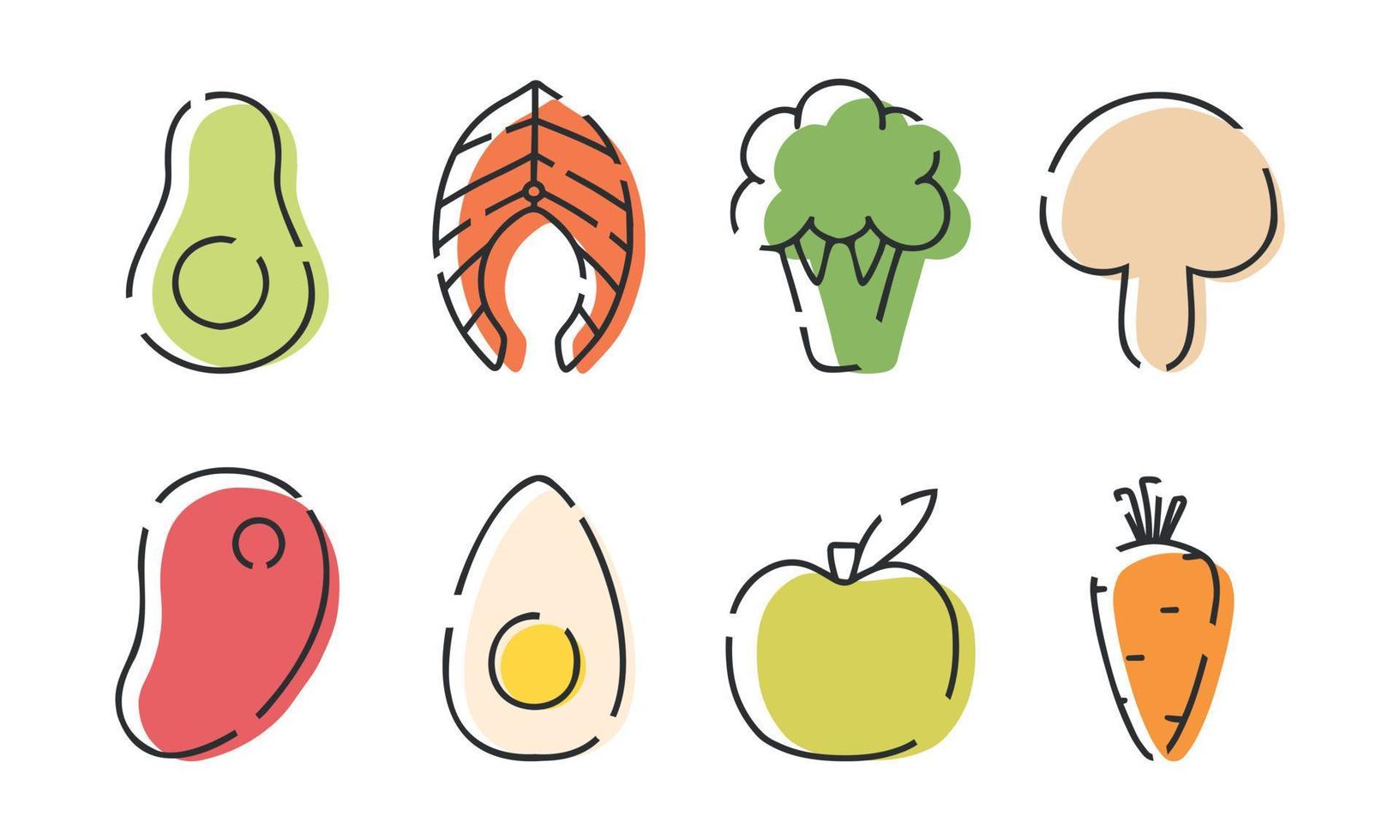 Set of linear icons of healthy food. Modern icons of proper nutrition. Vector illustration. Collection of linear avocado, salmon, steak, apple, egg, carrot.
