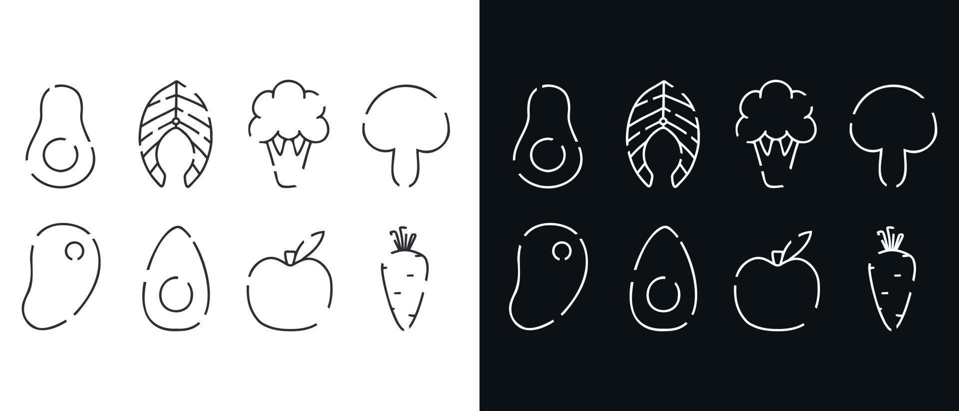 Set of linear icons of healthy food. Modern icons of proper nutrition. Vector illustration. Collection of linear avocado, salmon, steak, apple, egg, carrot.