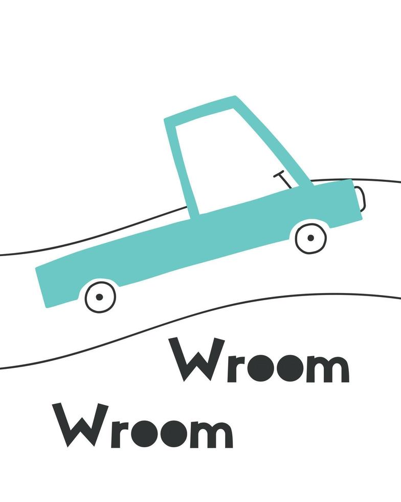 Kids poster with a truck. Cute poster for a childrens room with a car and a road. Vector illustration. Doodle style. Scandinavian style.