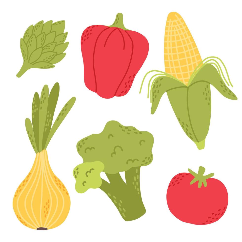 conjunto de vectores de verduras planas. colección de verduras brócoli, maíz, pimiento, cebolla. estilo dibujado a mano aislado sobre fondo blanco. ilustración vectorial