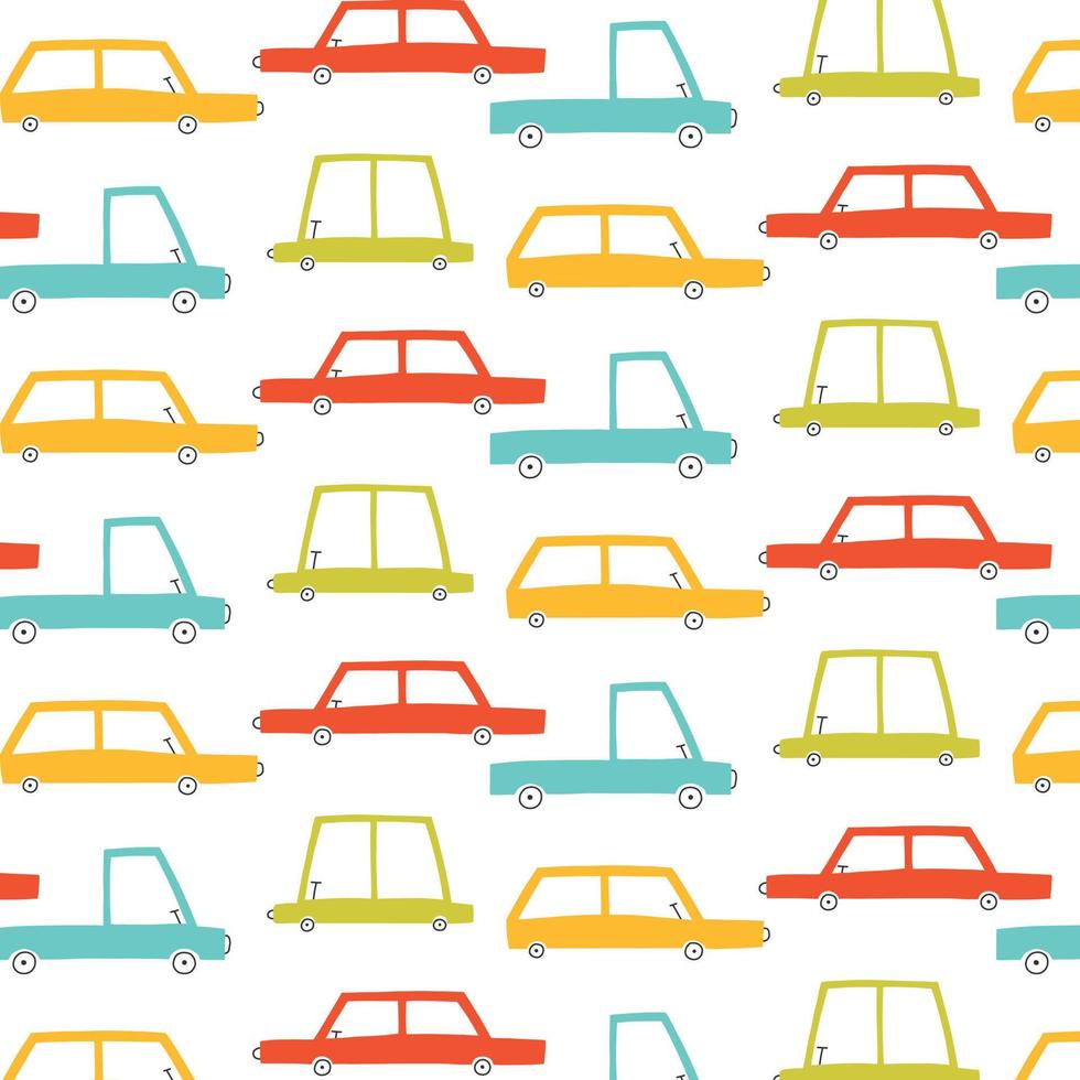 Kids seamless pattern with cars. Drawn pattern with cars and trucks. Vector illustration in scandinavian style. Childrens print.