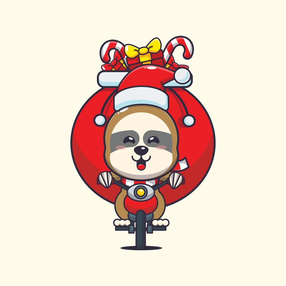 lindo perezoso llevando regalo de navidad con motocicleta. linda ilustración de dibujos animados de navidad. vector
