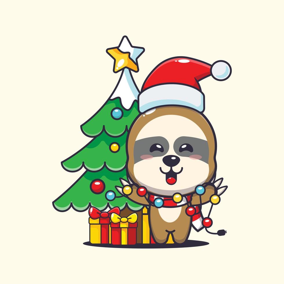 Cute sloth with christmast lamp. Cute christmas cartoon illustration. vector