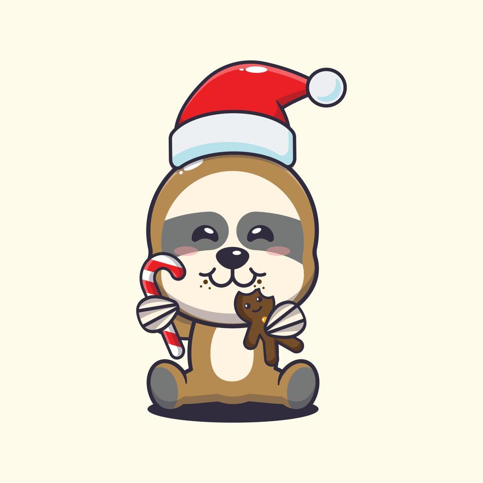 Cute sloth eating christmas cookies and candy. Cute christmas cartoon illustration. vector