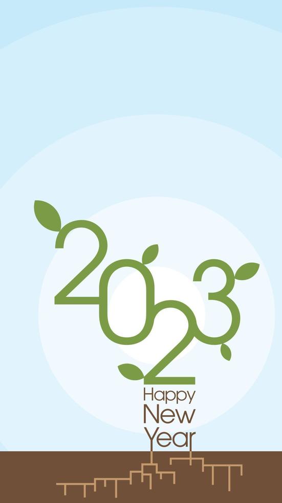 feliz año nuevo 2023 resumen de caligrafía como una planta joven que crece como a principios de año. plantilla vertical de tarjeta de felicitación con espacio en blanco. vector