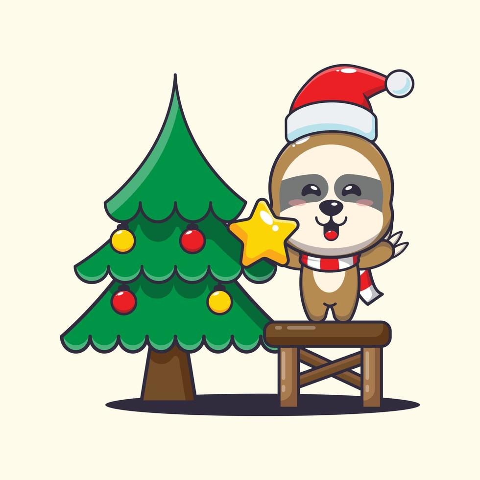 Cute sloth taking star from christmas tree. Cute christmas cartoon illustration. vector
