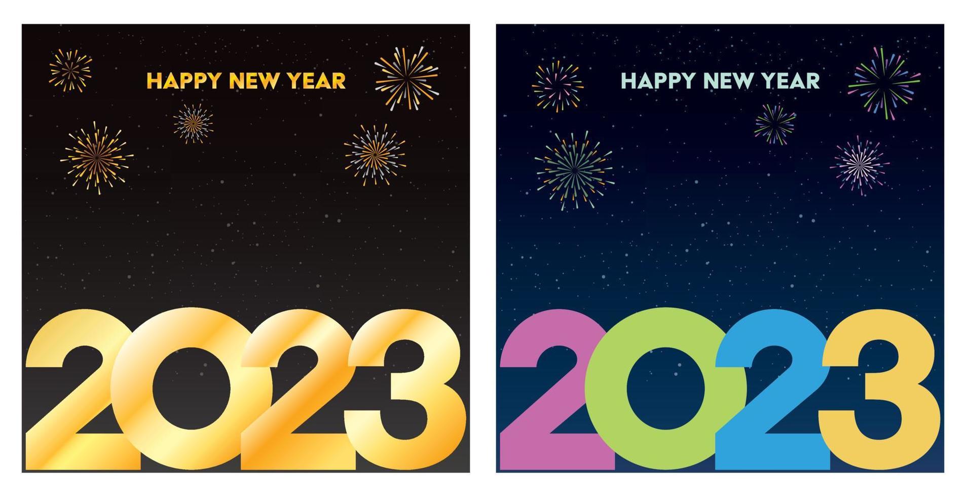 feliz año nuevo 2023 la caligrafía con fuegos artificiales coloridos abstractos en el fondo del cielo nocturno tiene espacio en blanco. plantilla cuadrada de tarjeta de felicitación. vector