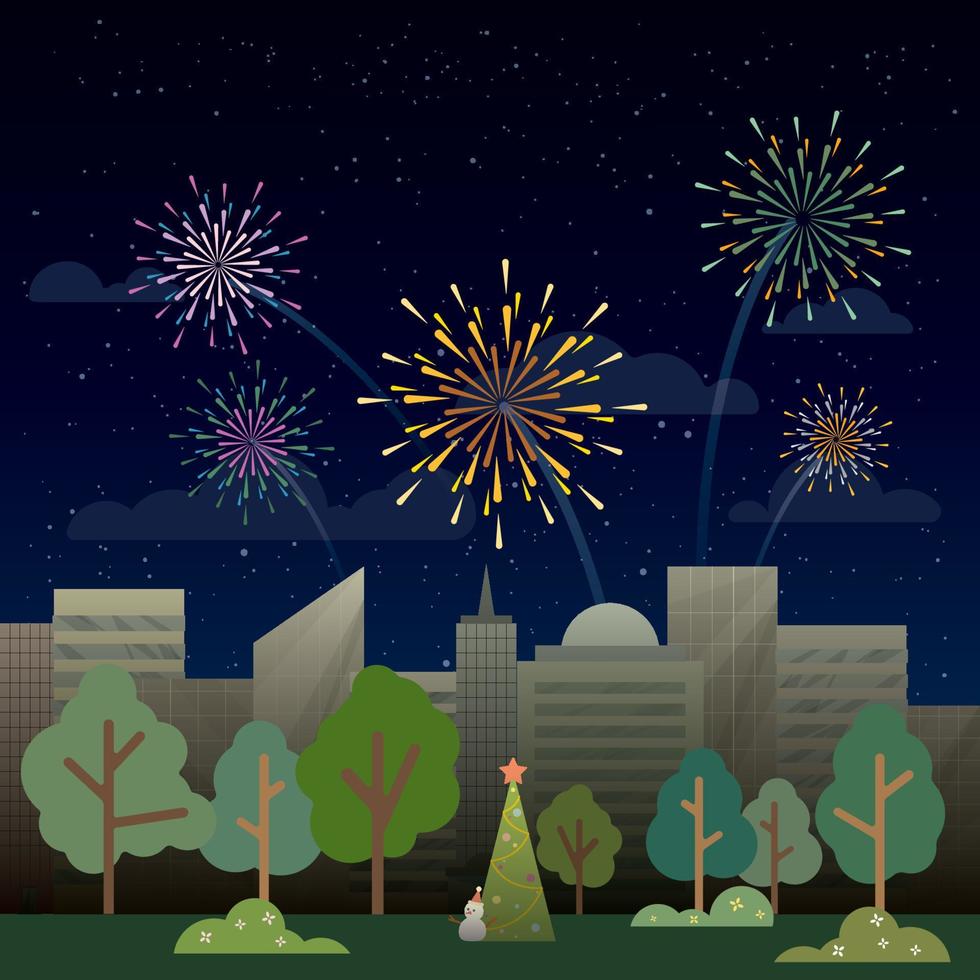 City at night with abstract colorful fireworks have blank space. Greeting card square template. vector