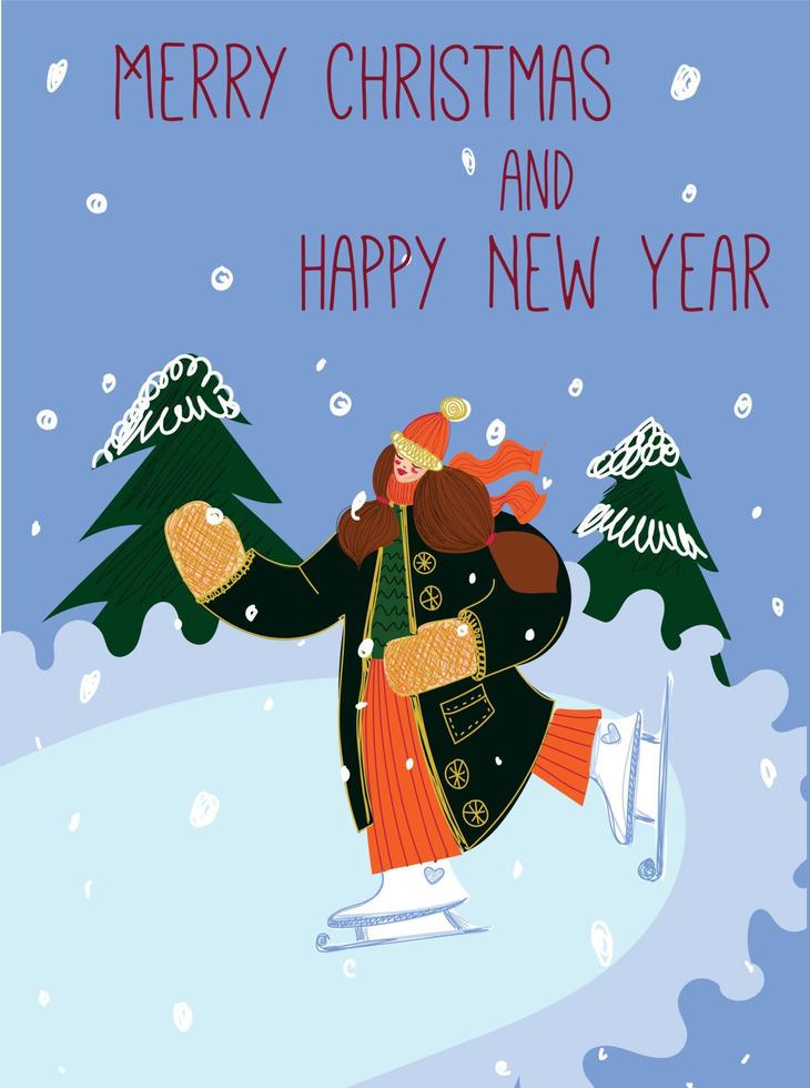 Christmas card with a girl on the ice rink. Woman in warm clothes is skating. Greeting card for New Year, invitation. Flat style, vector illustration.