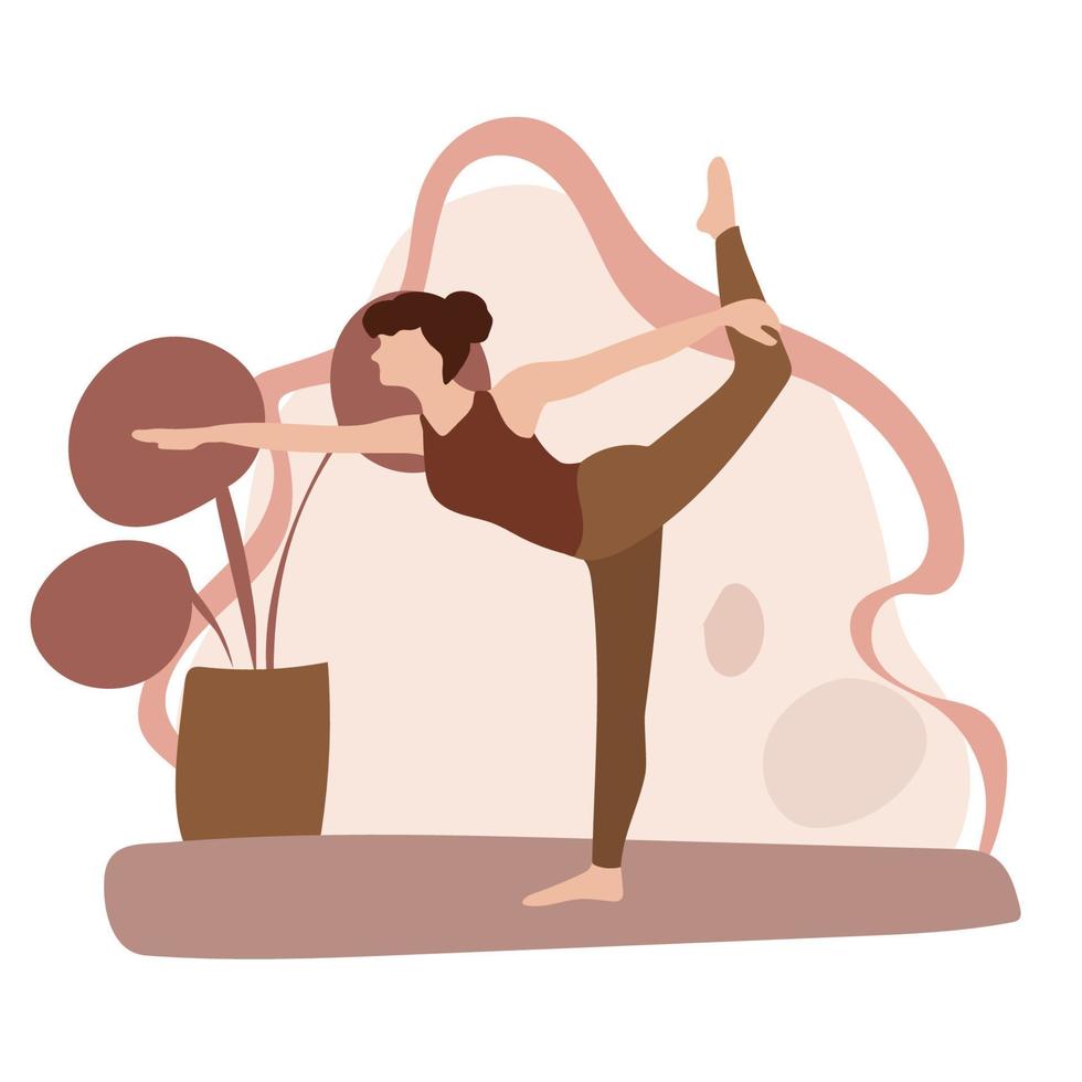 mujer practica ejercicio de yoga. persona activa disfrutando de aeróbicos. mujer practicando estiramientos corporales. estilo plano vector. vector