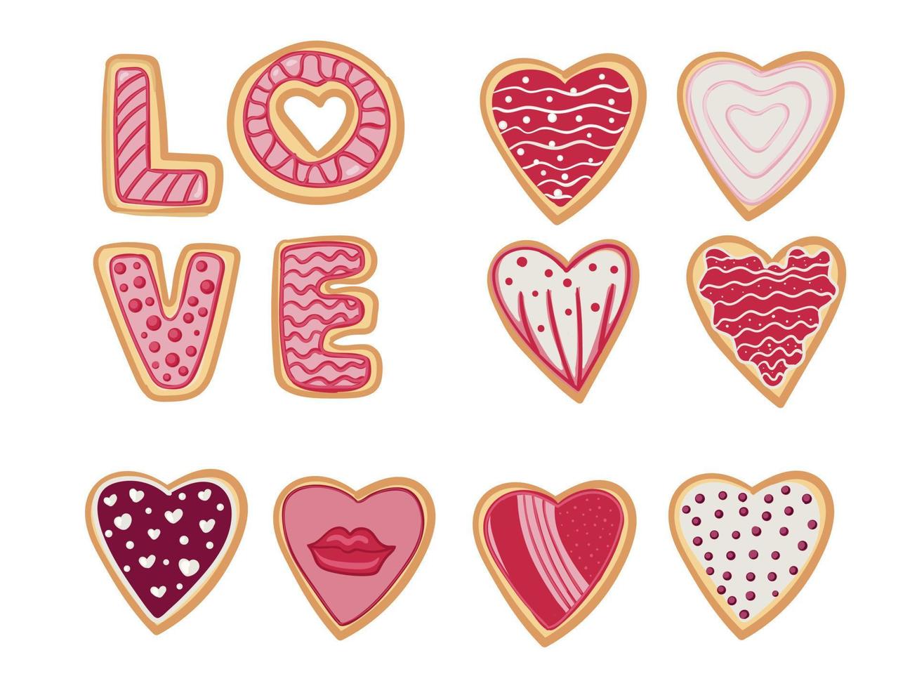 Cookies for Valentine s Day set, the inscription love in the form of cookies. Decorative objects for Mother s Day, Valentine s Day, Women s Day and valentines. Cartoon style, vector illustration.