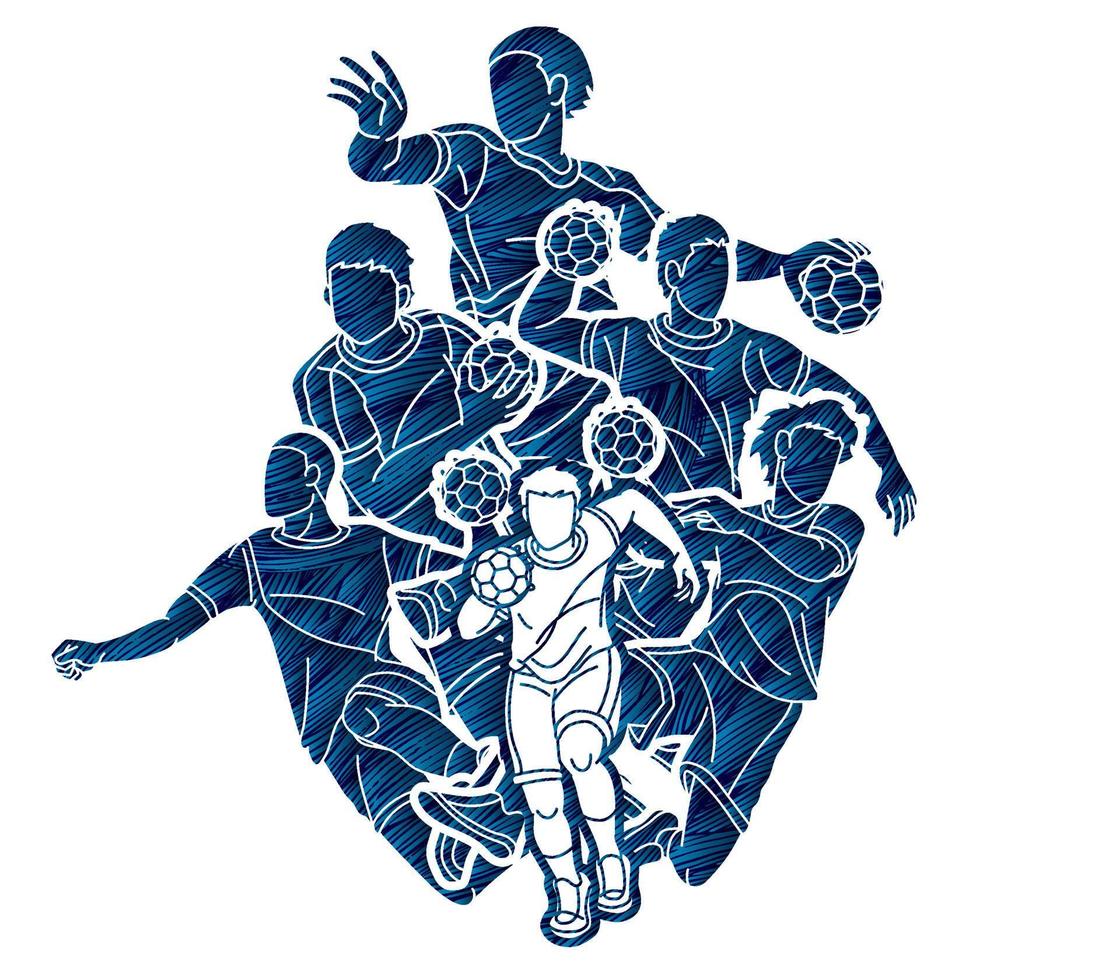 Group of Handball Sport Male Players Team Men Mix Action Cartoon Graphic Vector