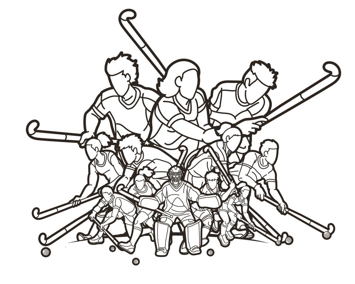 grupo de contorno del equipo de deporte de hockey sobre césped jugadores masculinos y femeninos mezclan vector gráfico de dibujos animados de acción