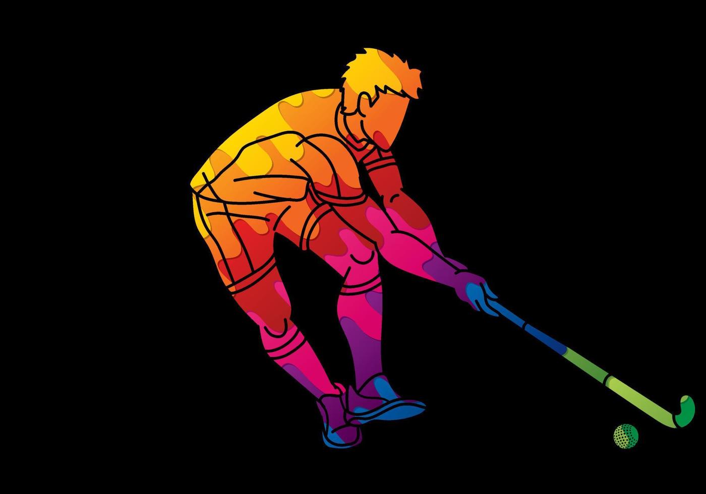 hockey sobre césped deporte masculino jugador acción dibujos animados contorno gráfico vector