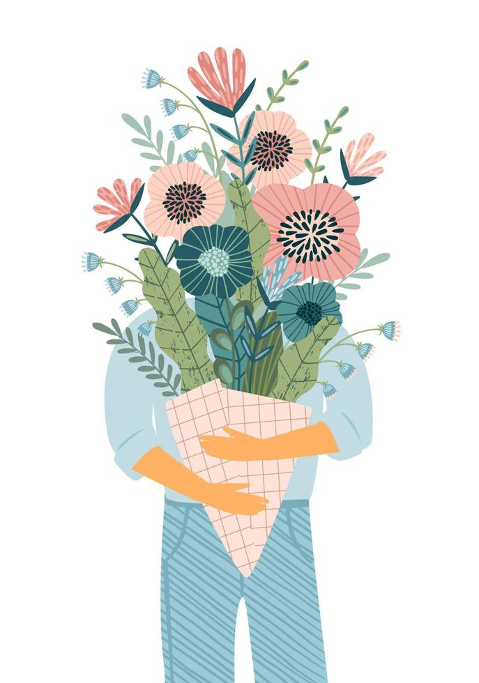 Isolated illustration of man with bouquet of flowers. Vector design concept for Valentines Day and other use.