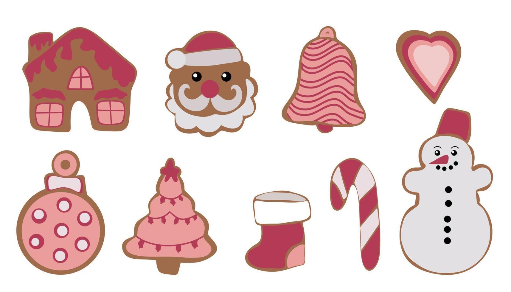 pan de jengibre festivo. galletas en forma de hombres y diferentes figuras con glaseado. Feliz Navidad. celebración de año nuevo y navidad. vector