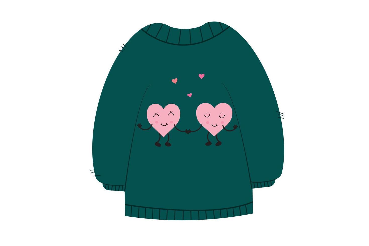 A sweater with a pattern of two cute hearts in the style of kawaii. Hand-drawn cartoon characters.The concept of love. Vector illustration