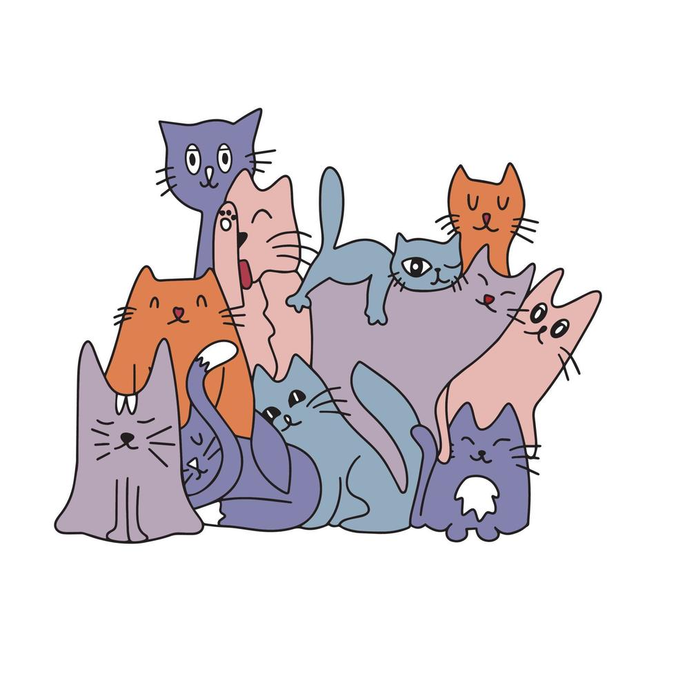 Lots of cute colorful cats. Background from cats. Cute and funny cats doodle vector set. Collection of cartoon cat or kitten characters in flat style in different poses