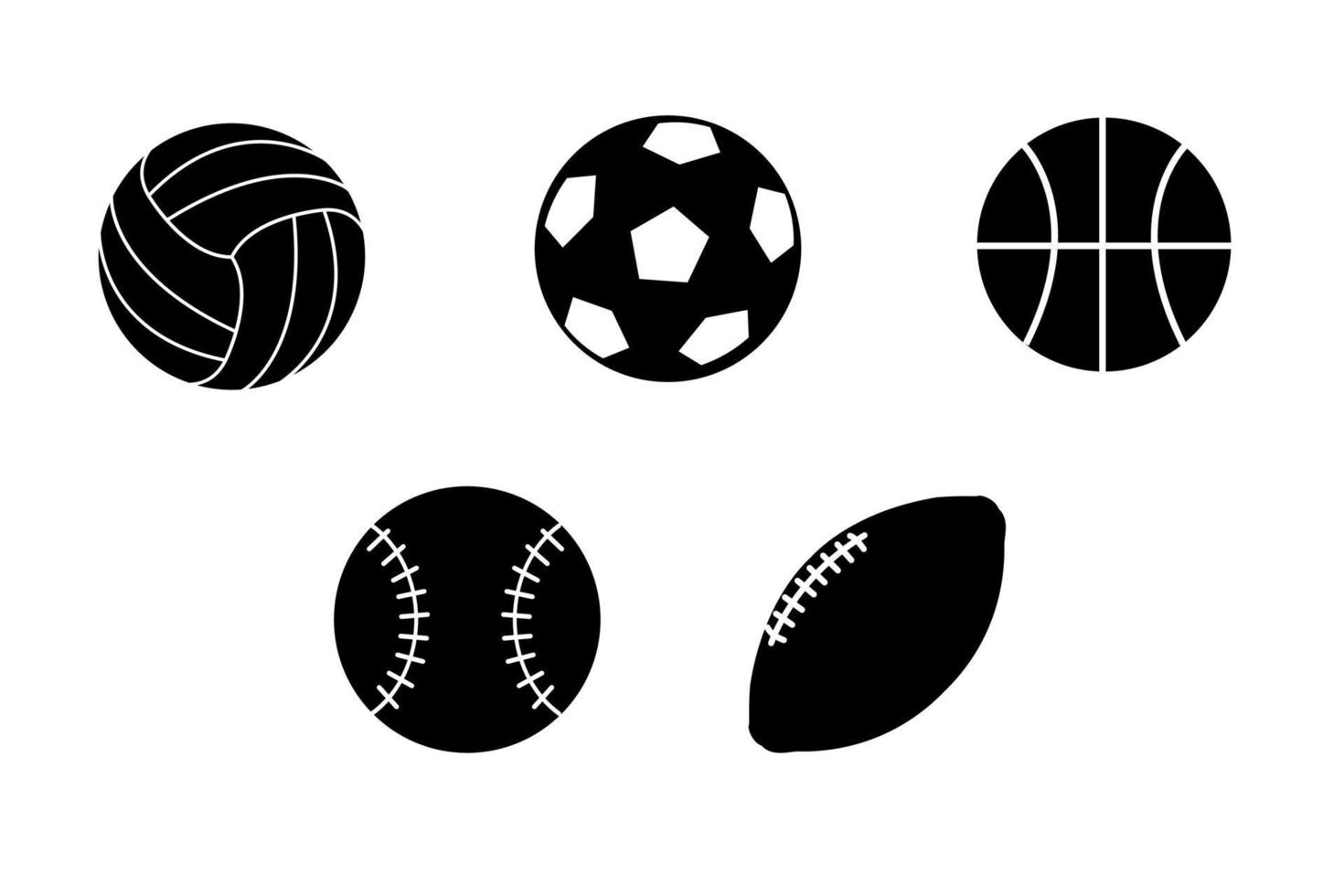 un conjunto de iconos vectoriales de pelotas deportivas. pelotas negras para fútbol, voleibol, tenis, baloncesto, rugby. iconos de bolas aislados en un fondo blanco. vector