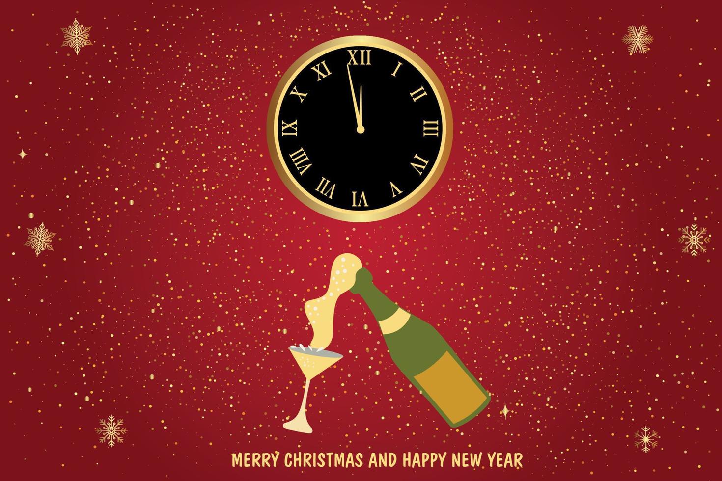 Champagne bottle and watch. Happy New Year greeting card. vector