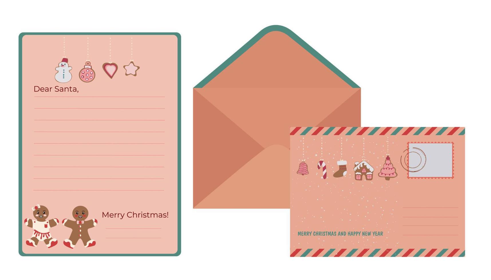 A sample of a New Year's letter to Santa Claus and an envelope. Flat design. Vector illustration.