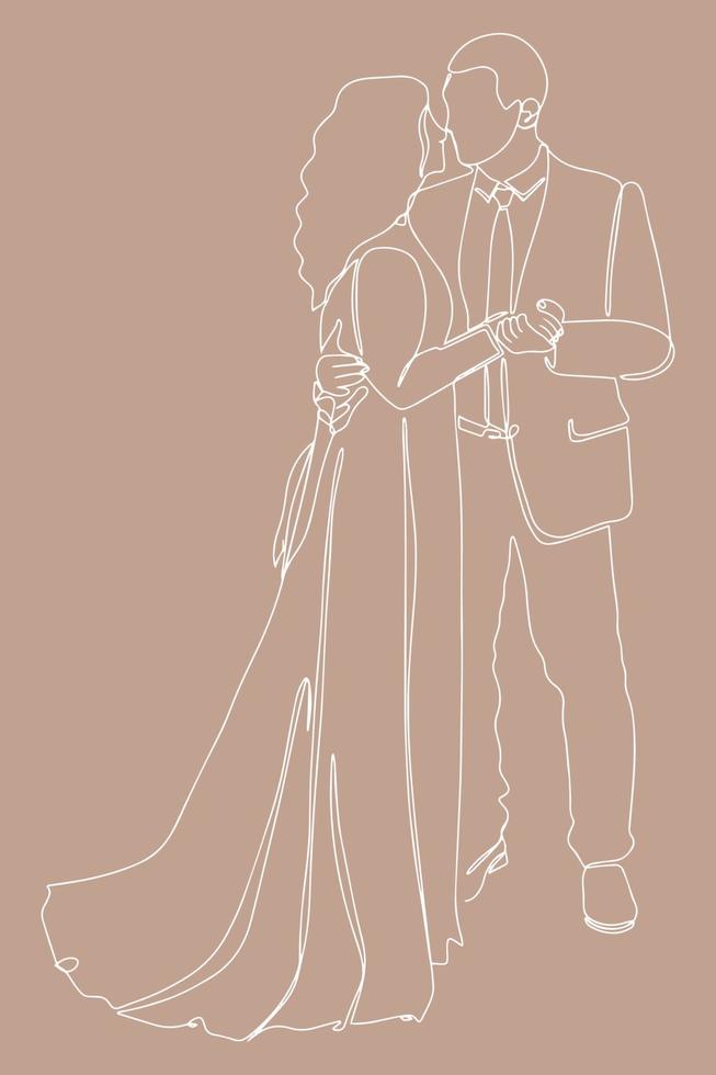 dibujo de línea continua de parejas que se aman se casan. recién casados tomados de la mano, abrazándose. elemento para invitaciones de boda aislado sobre fondo blanco. ilustración vectorial vector