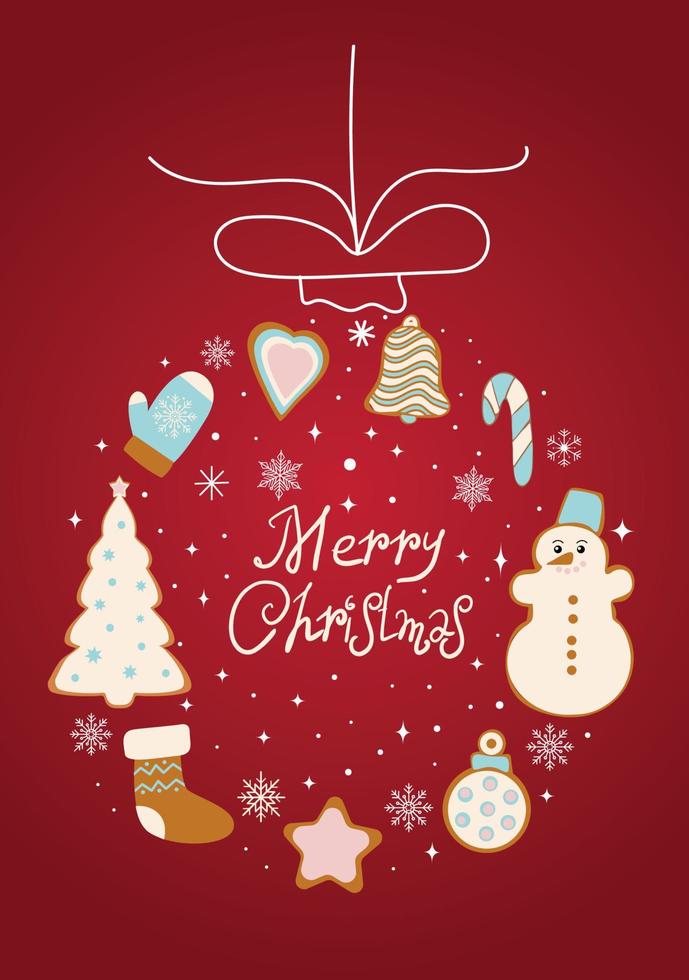 Merry Christmas card. Gingerbread in the form of a snowman, a Christmas tree and gingerbread men and various Christmas decorations. Celebration of New Year and Christmas. vector