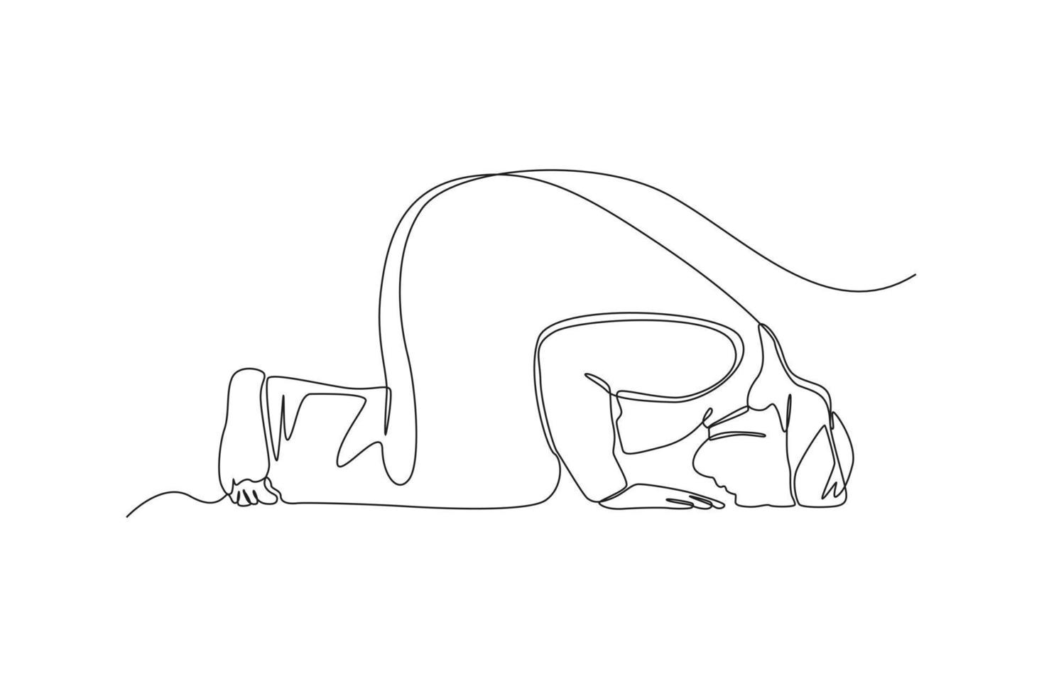 Single one line drawing muslim man praying on sujud bow down gesture. Prayer movement concept. Continuous line draw design graphic vector illustration.