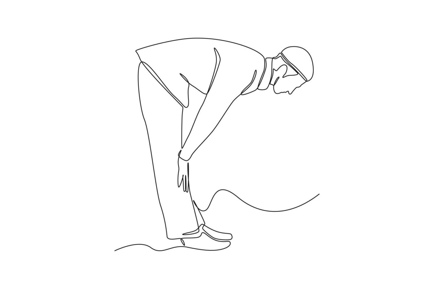 Single one line drawing man bowing and Hands holding knee. Prayer movement concept for muslims. Continuous line draw design graphic vector illustration.