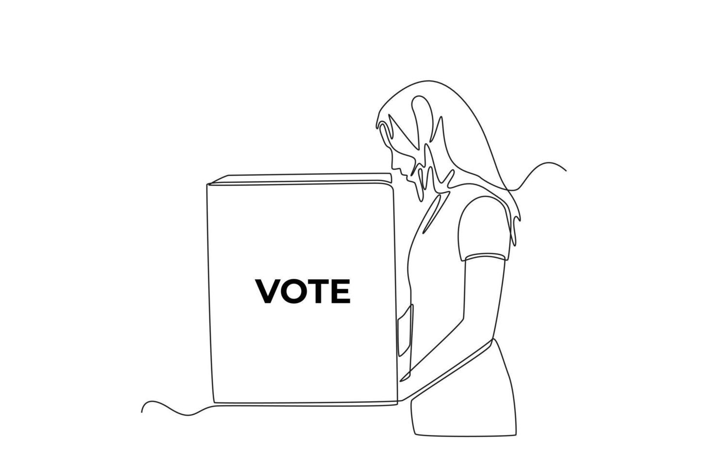 mujer de dibujo de una línea continua emitiendo sus votos en la cabina de votación para las elecciones generales regionales o presidenciales. concepto de votación. ilustración gráfica vectorial de diseño de dibujo de una sola línea. vector