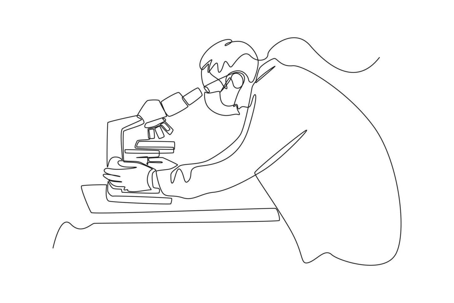 One continuous line drawing of scientist use a microscope to see the progress of his research results. scientist concept. Single line draw design vector graphic illustration. Laboratory.