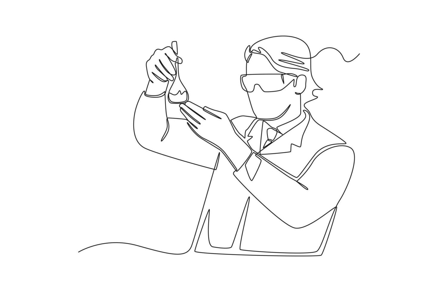 One continuous line drawing of boy added chemicals for research. scientist concept. Single line draw design vector graphic illustration. Laboratory.
