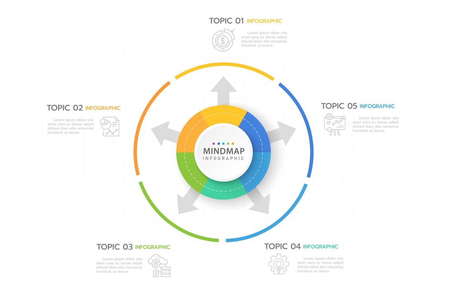 plantilla infográfica para negocios. Diagrama de mapa mental moderno de 5 pasos con círculos y flechas, infografía vectorial de presentación. vector